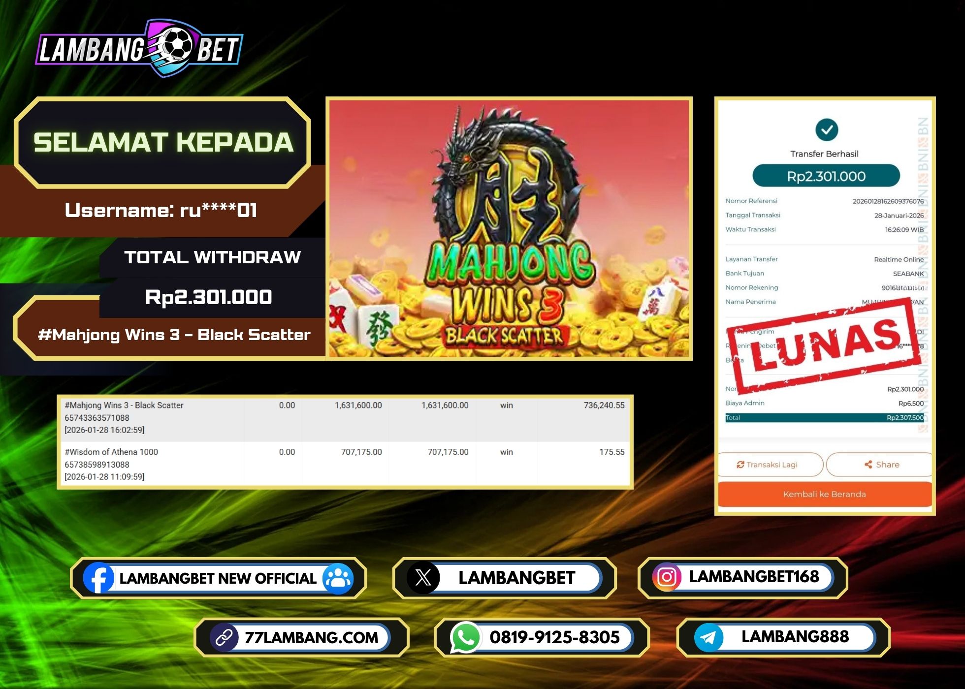 LAMBANGBET [28 JANUARI 2025] JACKPOT SLOT Mahjong Wins 3 - Black Scatter "Rp2.301.000" LUNAS